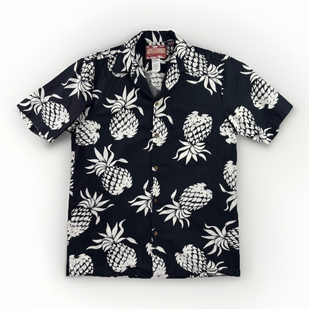 RJC Hawaiian Shirt Men's Small Pineapple Bold Black White Print Made In Hawaii